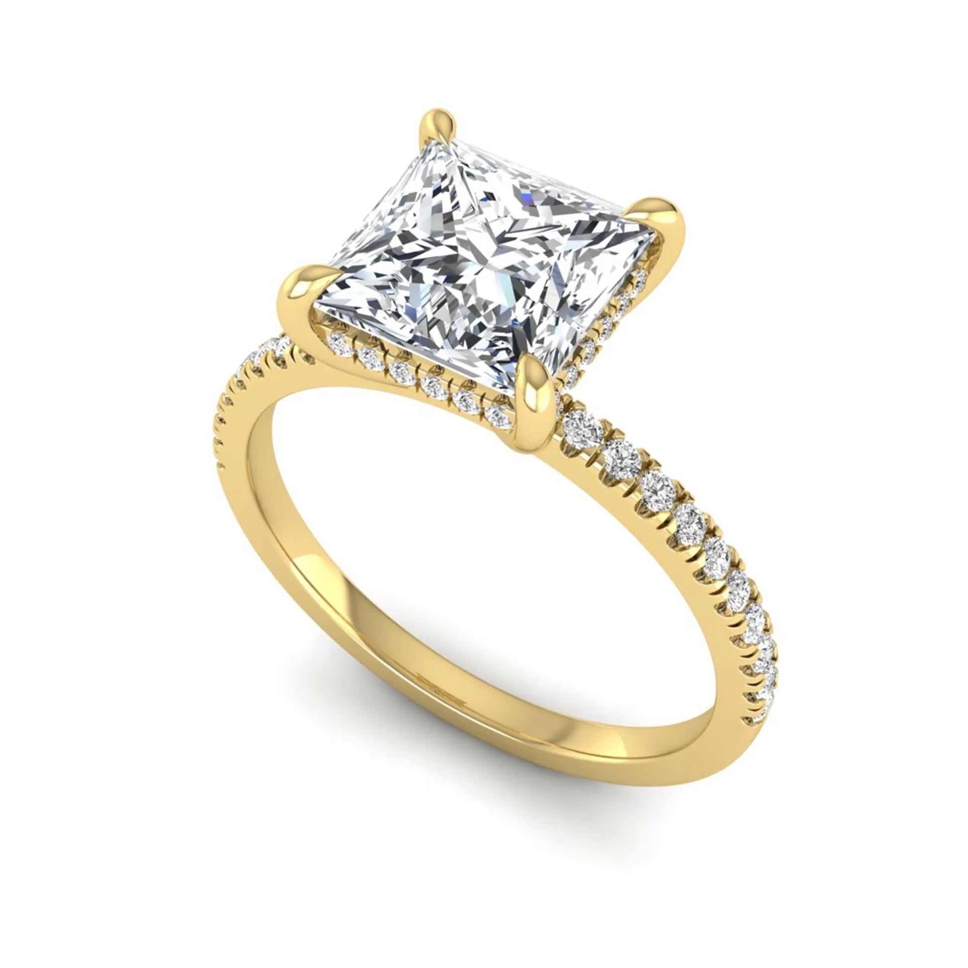 IGI Certified 2.01 carat princess cut lab grown diamond hidden halo engagement ring with pavé diamond band in yellow gold.