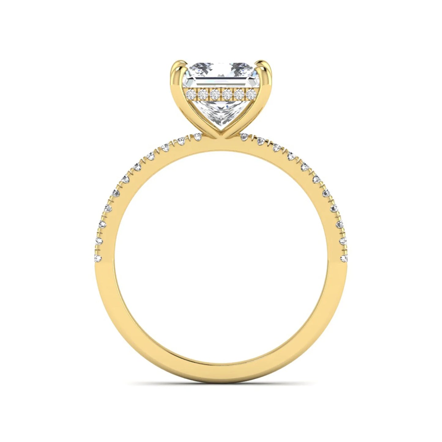 IGI Certified 2.01 carat princess cut lab grown diamond hidden halo engagement ring with pavé diamond band in yellow gold.