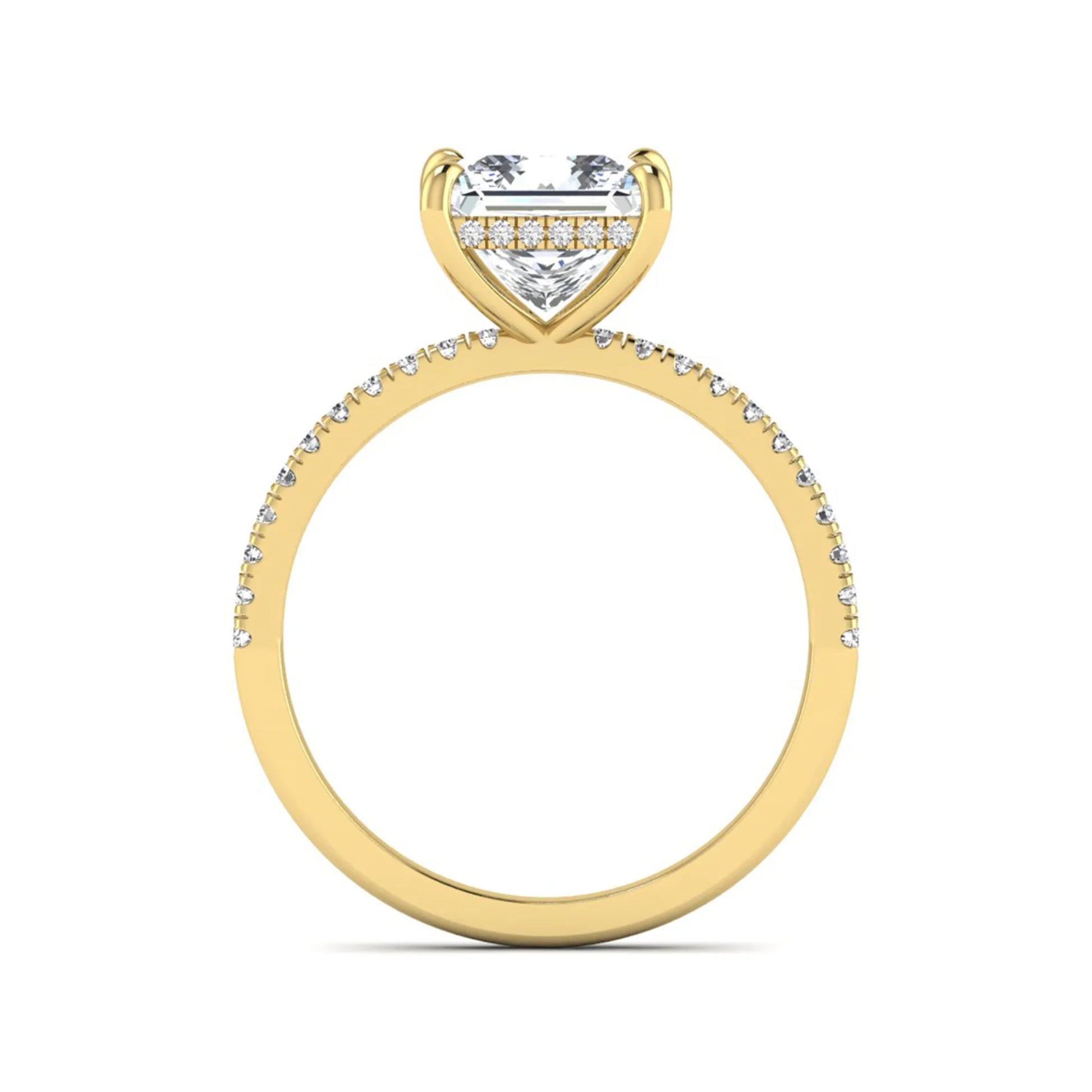 IGI Certified 2.01 carat princess cut lab grown diamond hidden halo engagement ring with pavé diamond band in yellow gold.