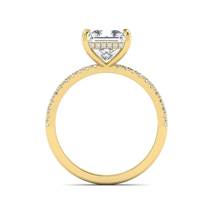 IGI Certified 2.01 carat princess cut lab grown diamond hidden halo engagement ring with pavé diamond band in yellow gold.