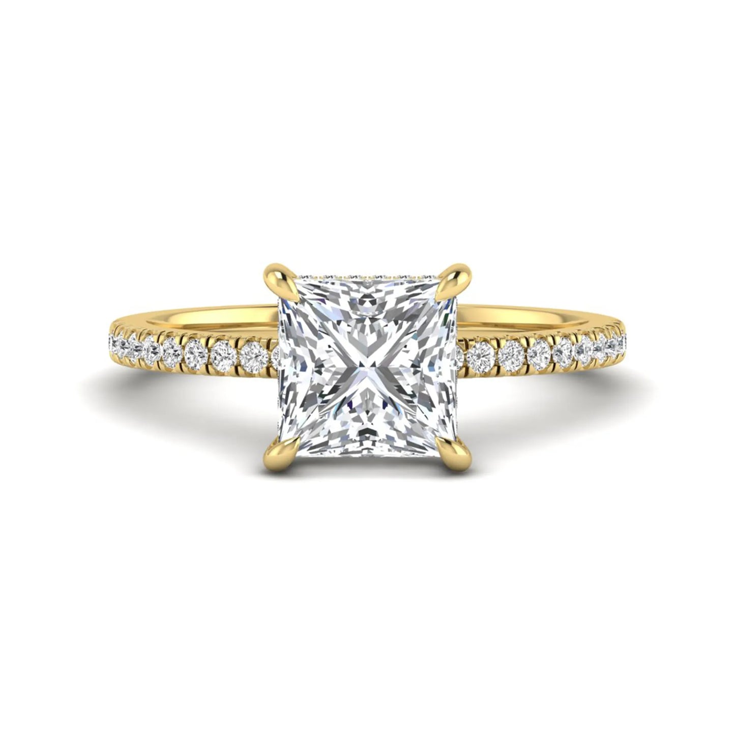 IGI Certified 2.01 carat princess cut lab grown diamond hidden halo engagement ring with pavé diamond band in yellow gold.