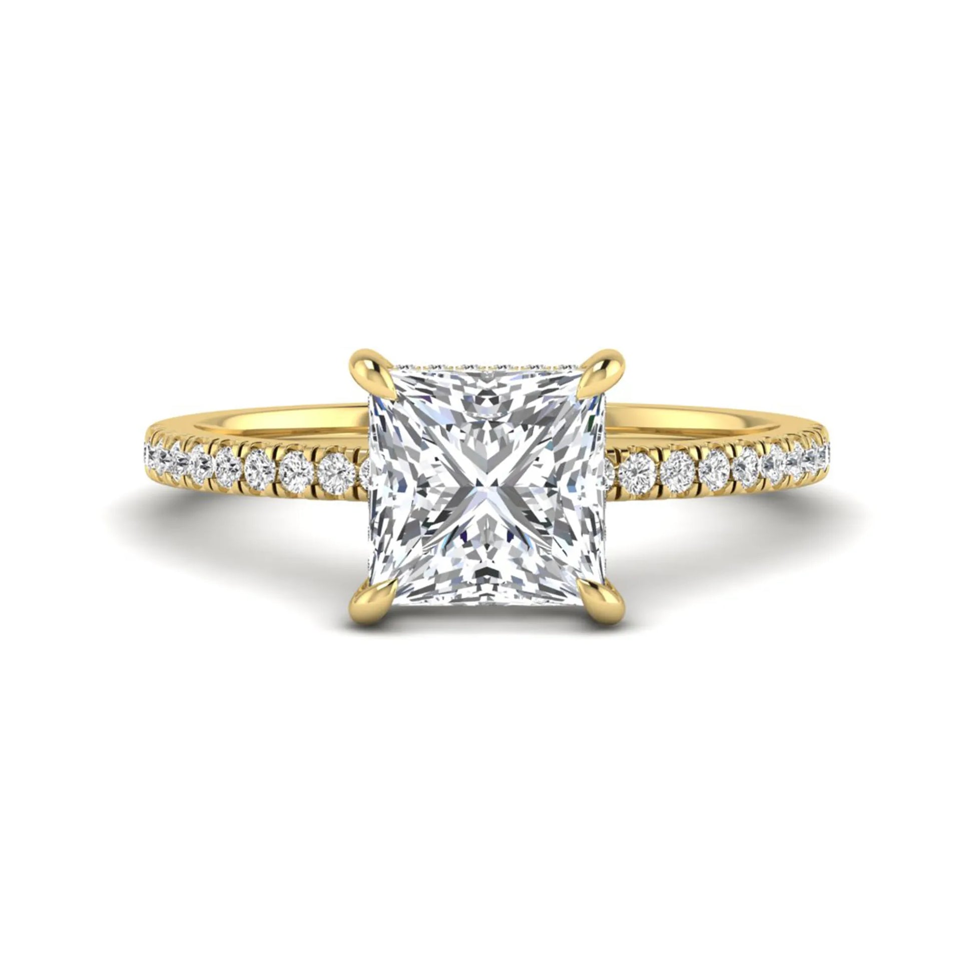 IGI Certified 2.01 carat princess cut lab grown diamond hidden halo engagement ring with pavé diamond band in yellow gold.