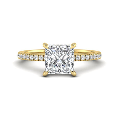 IGI Certified 2.01 carat princess cut lab grown diamond hidden halo engagement ring with pavé diamond band in yellow gold.
