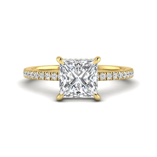IGI Certified 2.01 carat princess cut lab grown diamond hidden halo engagement ring with pavé diamond band in yellow gold.