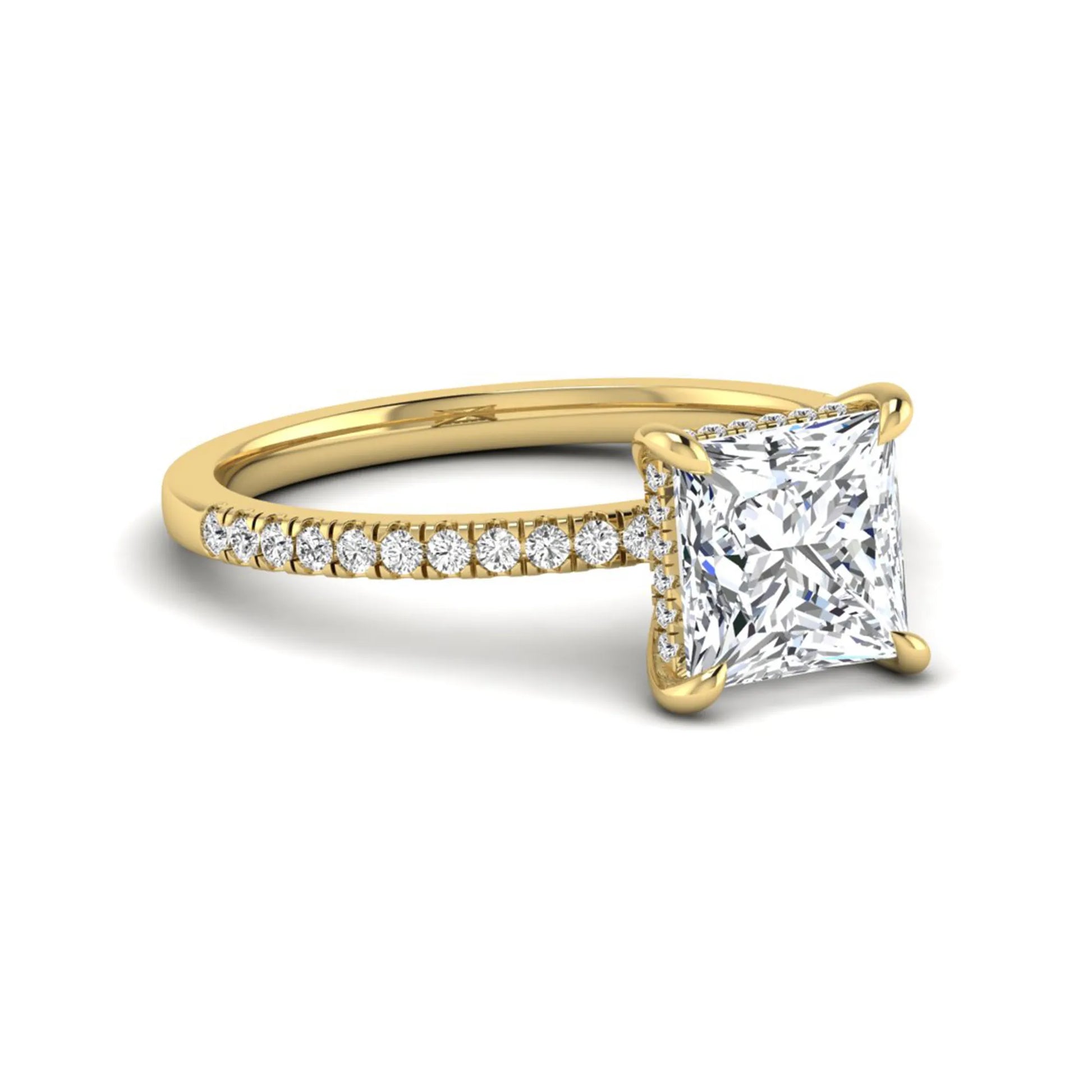 IGI Certified 2.01 carat princess cut lab grown diamond hidden halo engagement ring with pavé diamond band in yellow gold.