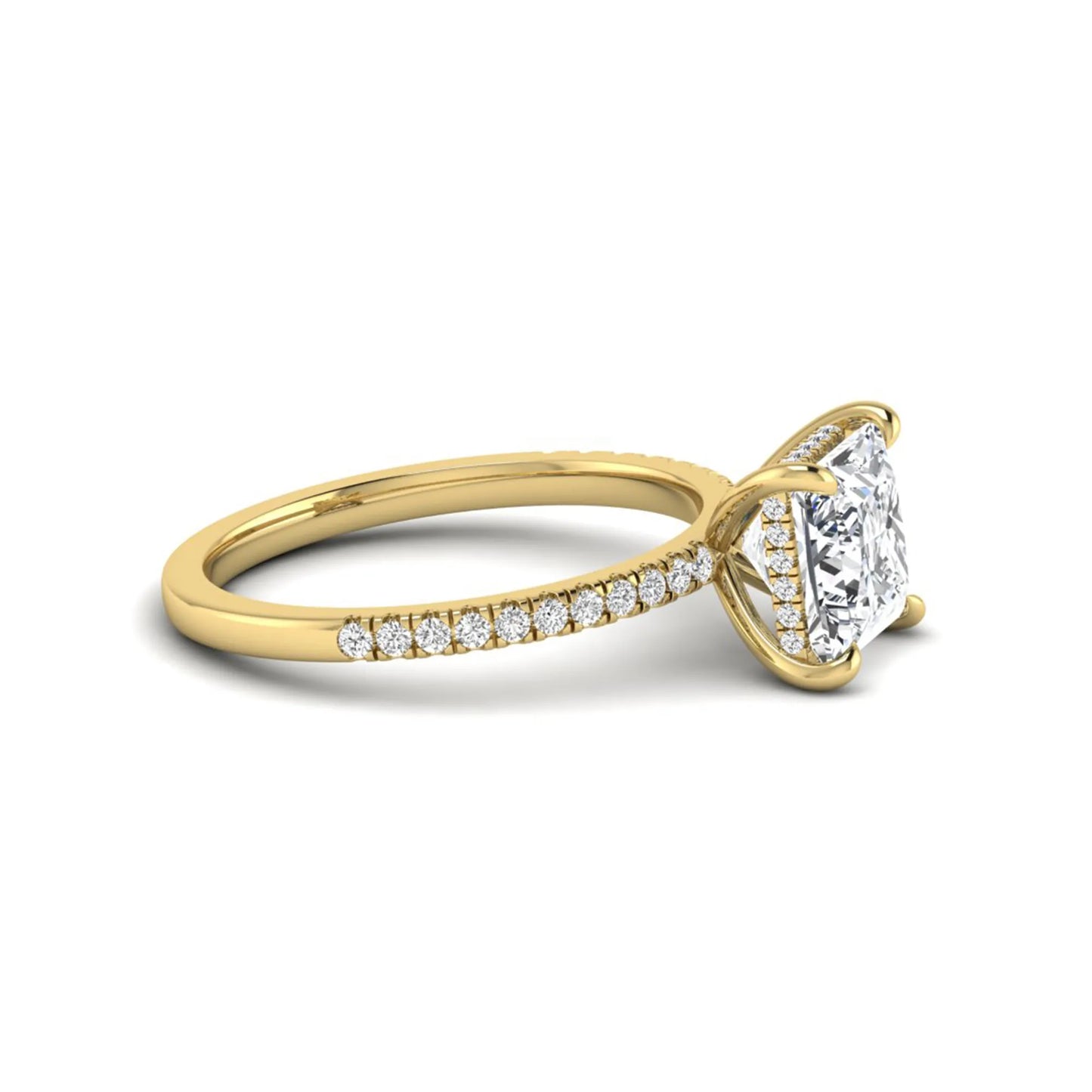 IGI Certified 2.01 carat princess cut lab grown diamond hidden halo engagement ring with pavé diamond band in yellow gold.