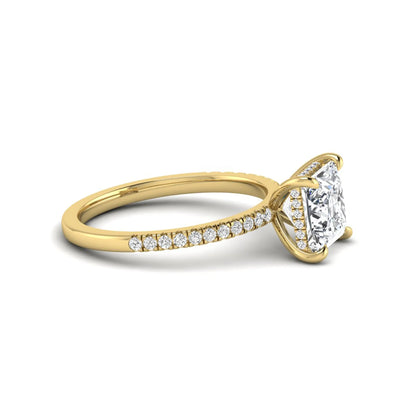 IGI Certified 2.01 carat princess cut lab grown diamond hidden halo engagement ring with pavé diamond band in yellow gold.