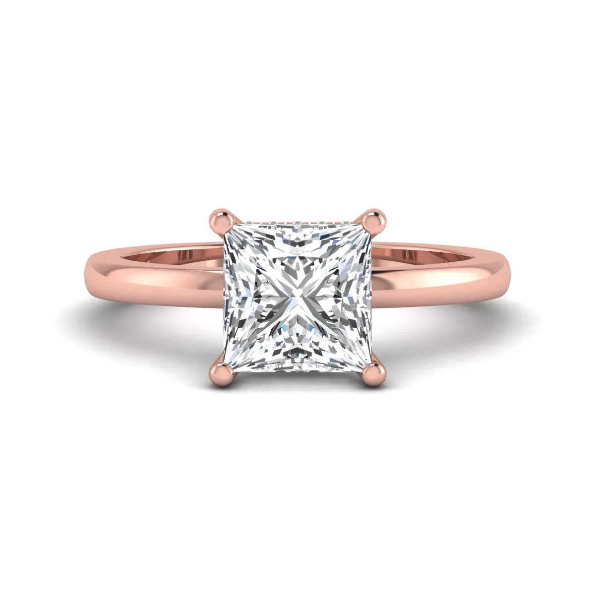 Princess cut lab grown diamond hidden halo solitaire engagement ring with four-prong setting and rose gold tone band.
