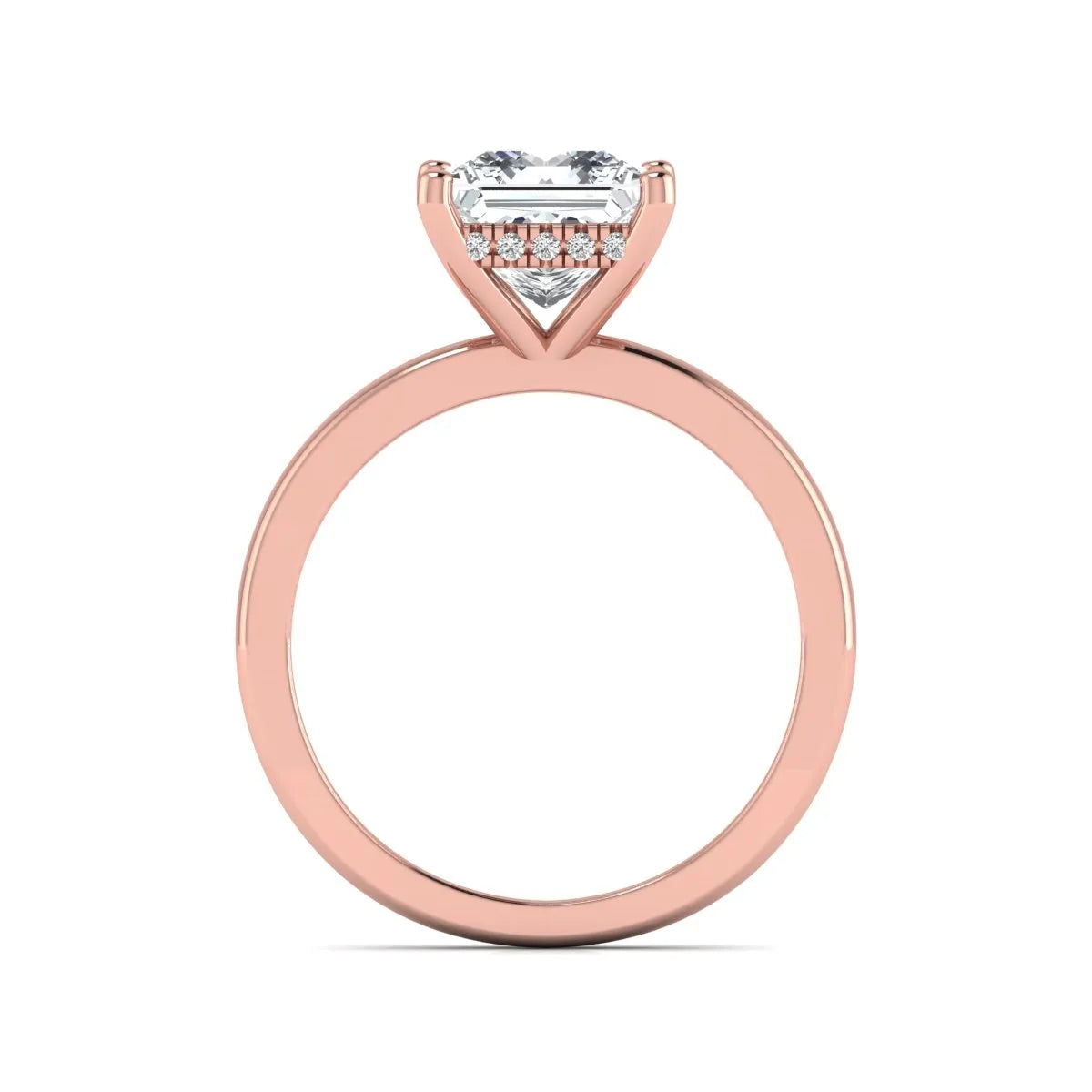 Princess cut lab grown diamond hidden halo solitaire engagement ring with four-prong setting and rose gold tone band.