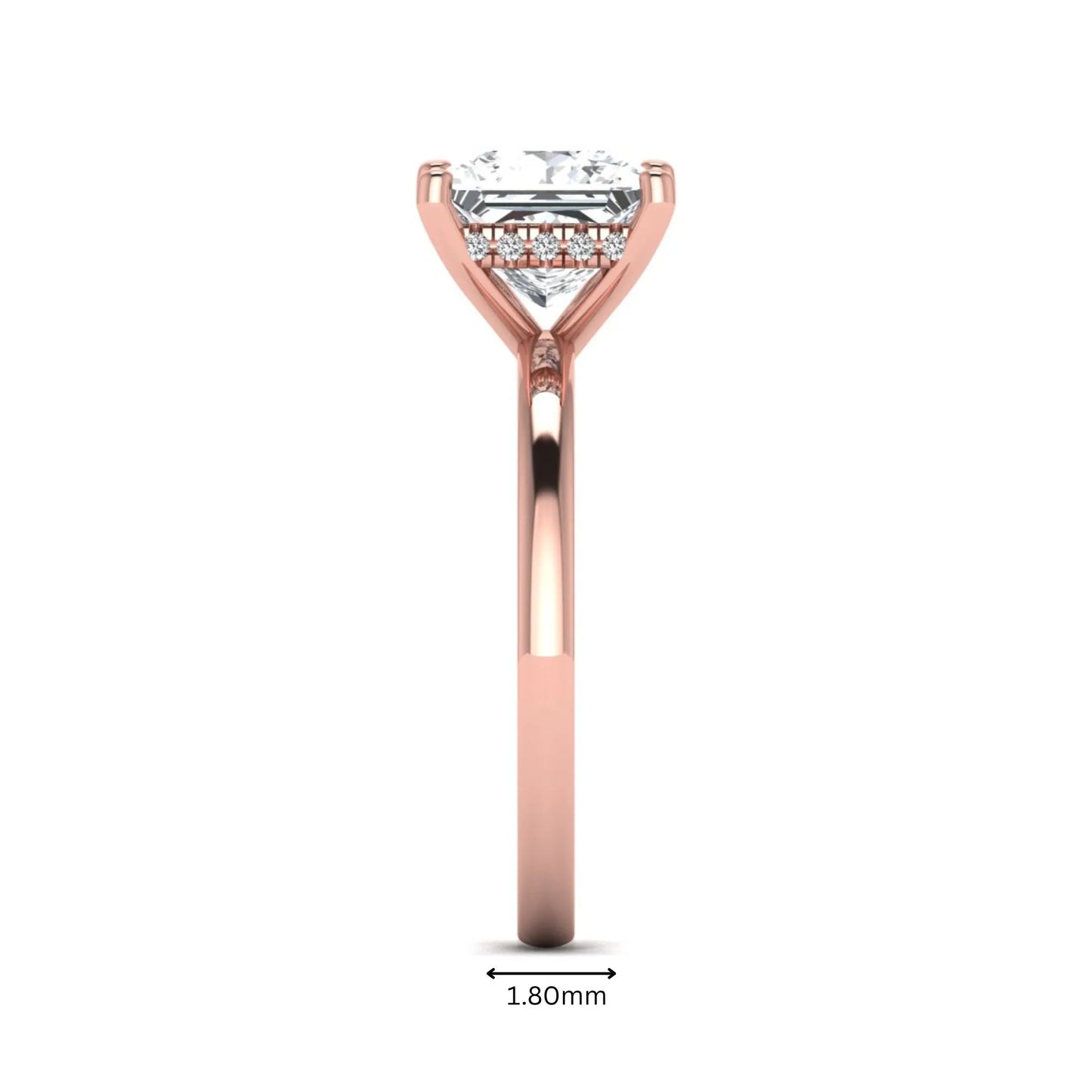 Princess cut lab grown diamond hidden halo solitaire engagement ring with four-prong setting and rose gold tone band.