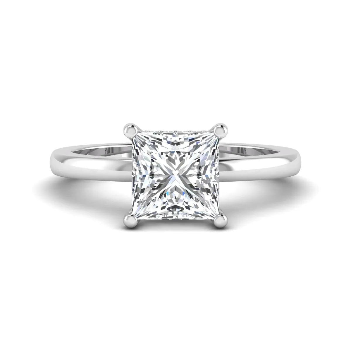 Princess cut lab grown diamond hidden halo solitaire engagement ring with four-prong setting and white gold tone band.