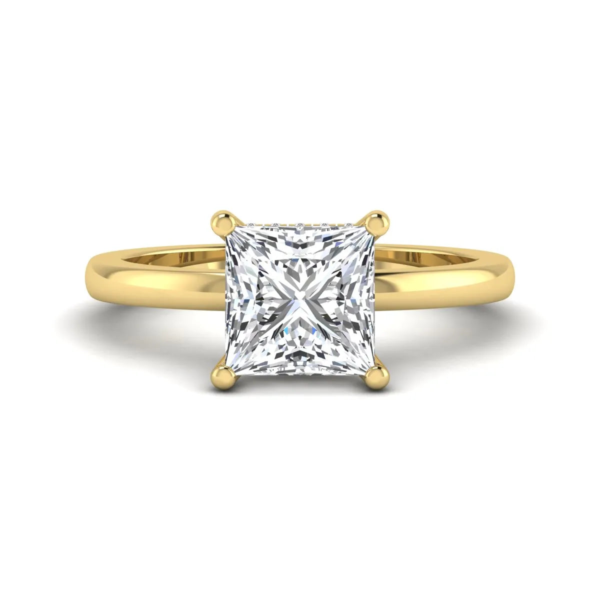 Princess cut lab grown diamond hidden halo solitaire engagement ring with four-prong setting and yellow gold tone band.