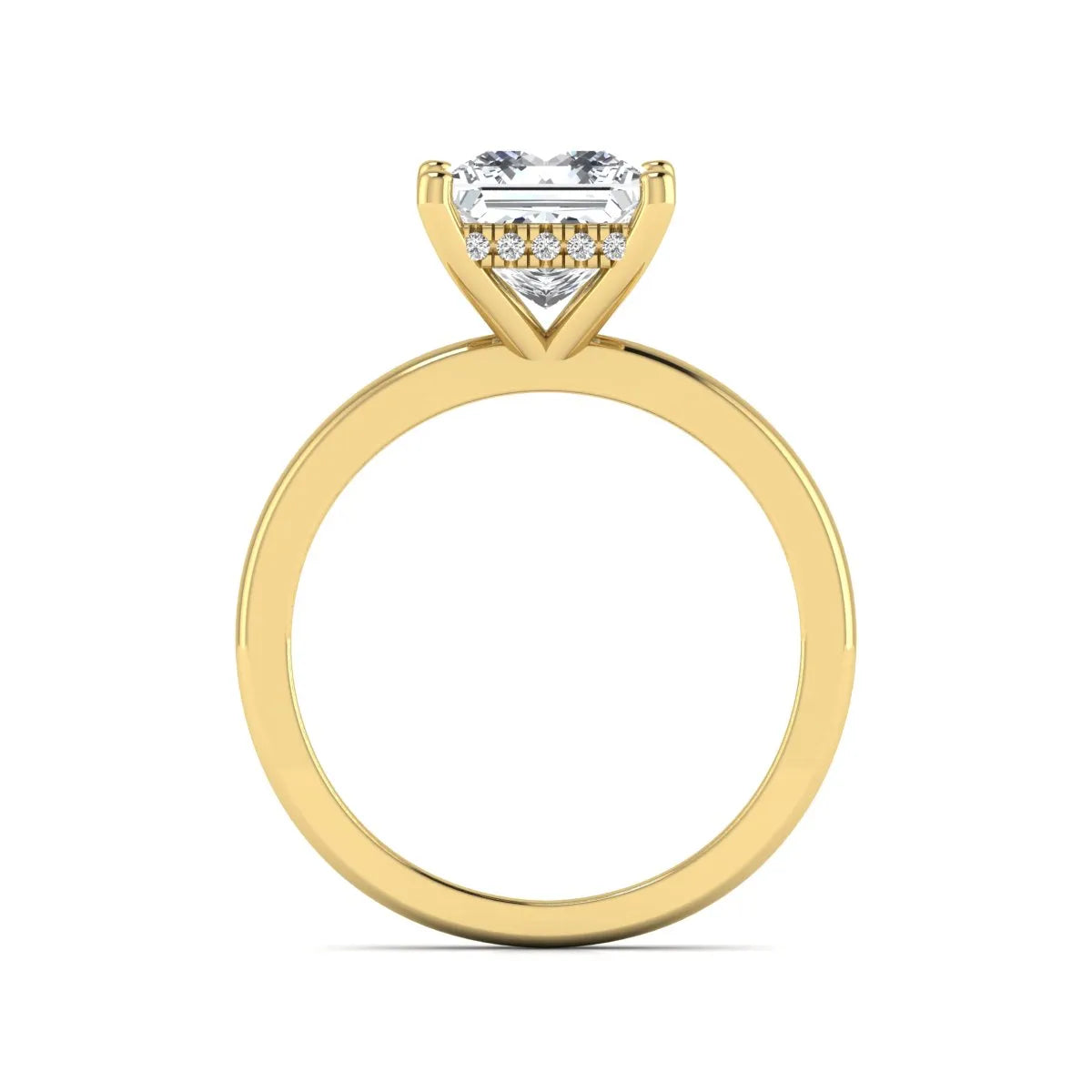 Princess cut lab grown diamond hidden halo solitaire engagement ring with four-prong setting and yellow gold tone band.