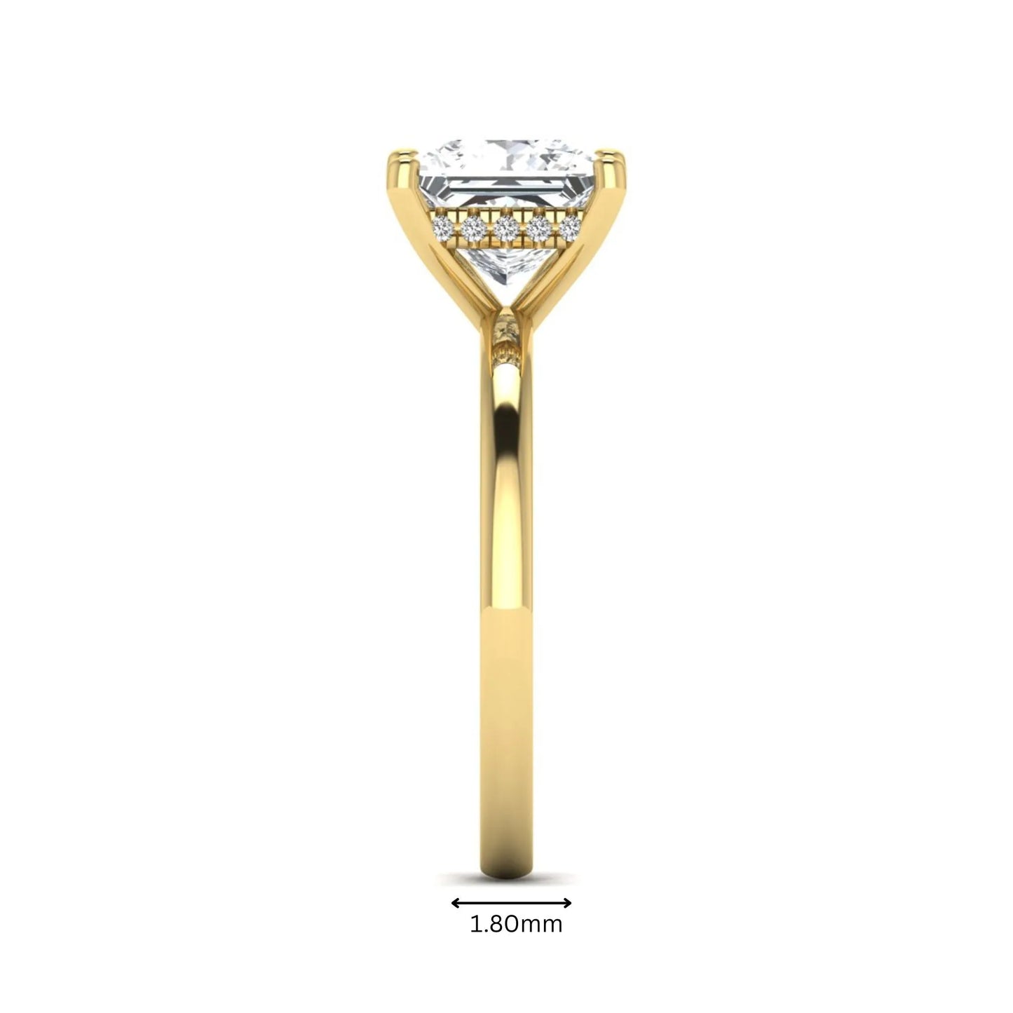 Princess cut lab grown diamond hidden halo solitaire engagement ring with four-prong setting and yellow gold tone band.