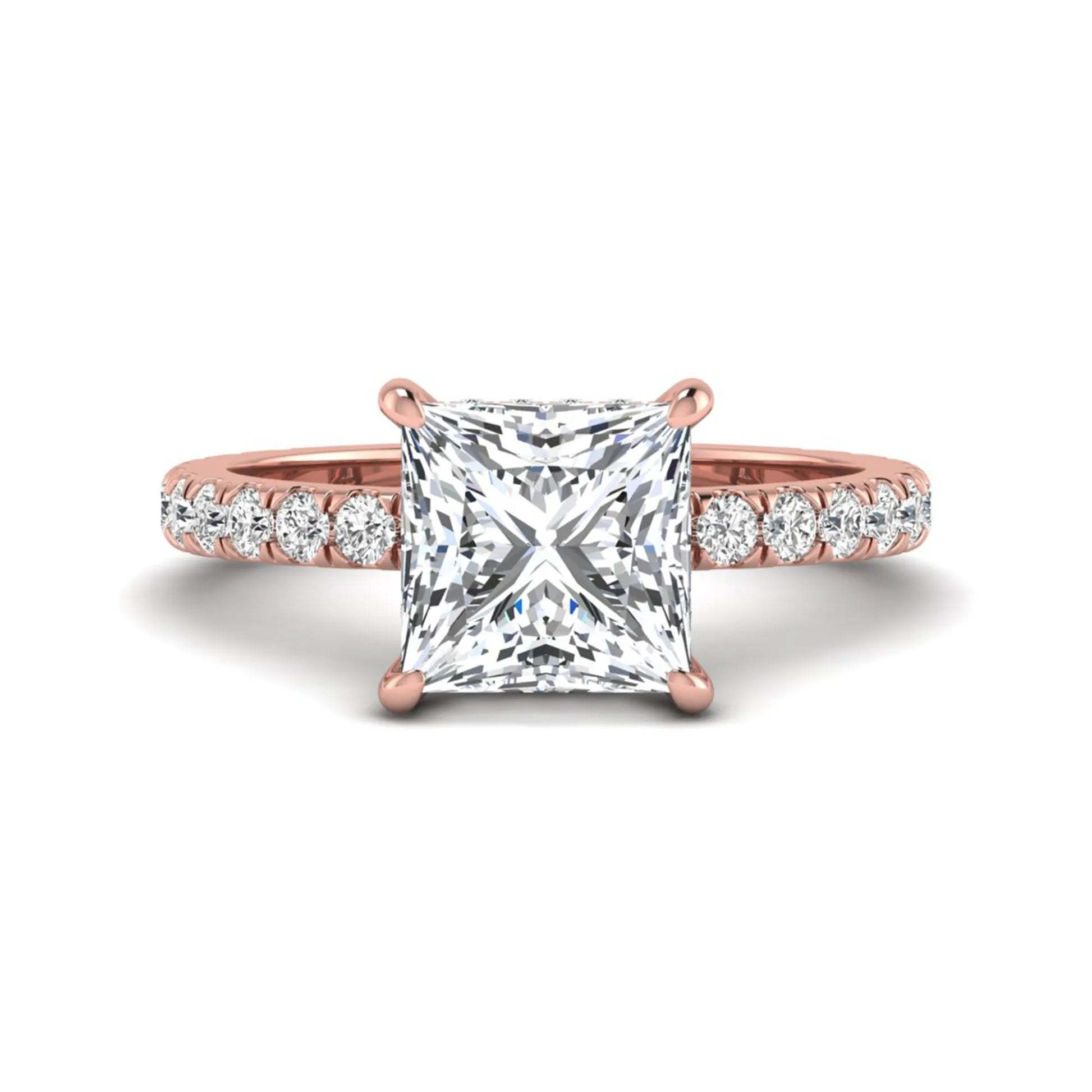 IGI certified princess cut lab grown diamond hidden halo solitaire accent engagement ring with pavé diamond band in rose gold.