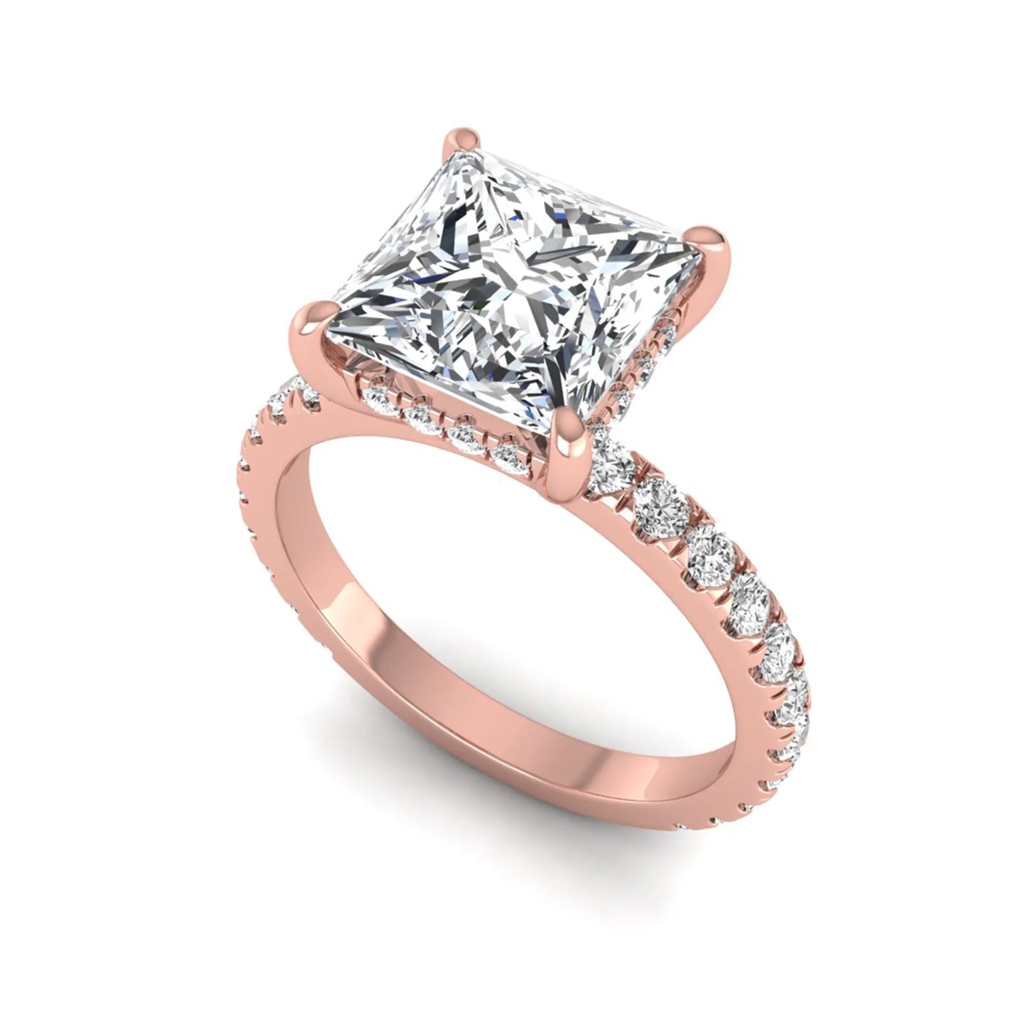 IGI certified princess cut lab grown diamond hidden halo solitaire accent engagement ring with pavé diamond band in rose gold.