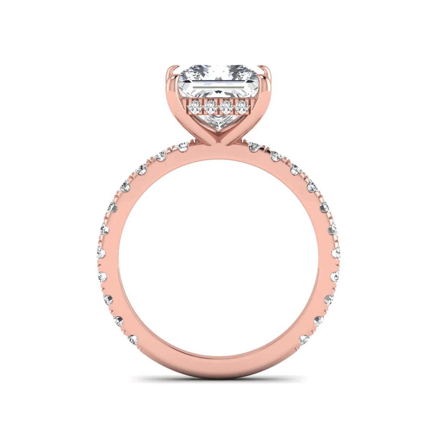 IGI certified princess cut lab grown diamond hidden halo solitaire accent engagement ring with pavé diamond band in rose gold.