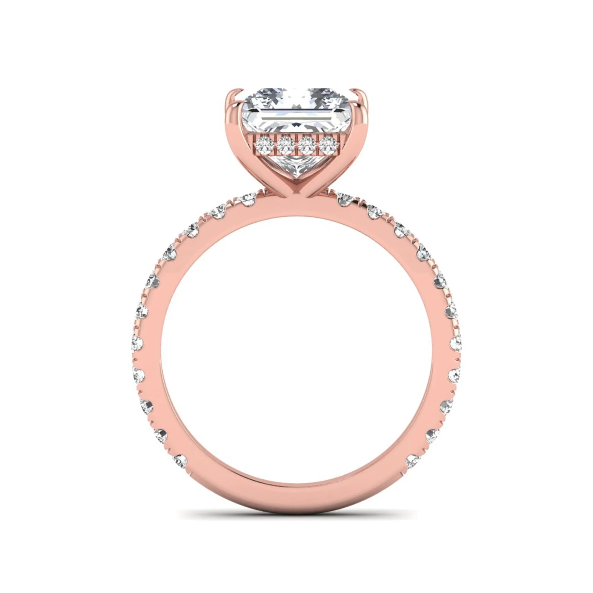 IGI certified princess cut lab grown diamond hidden halo solitaire accent engagement ring with pavé diamond band in rose gold.