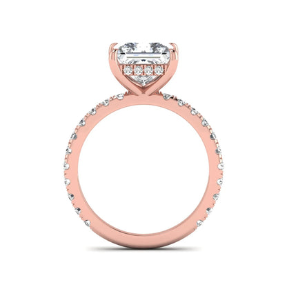 IGI certified princess cut lab grown diamond hidden halo solitaire accent engagement ring with pavé diamond band in rose gold.