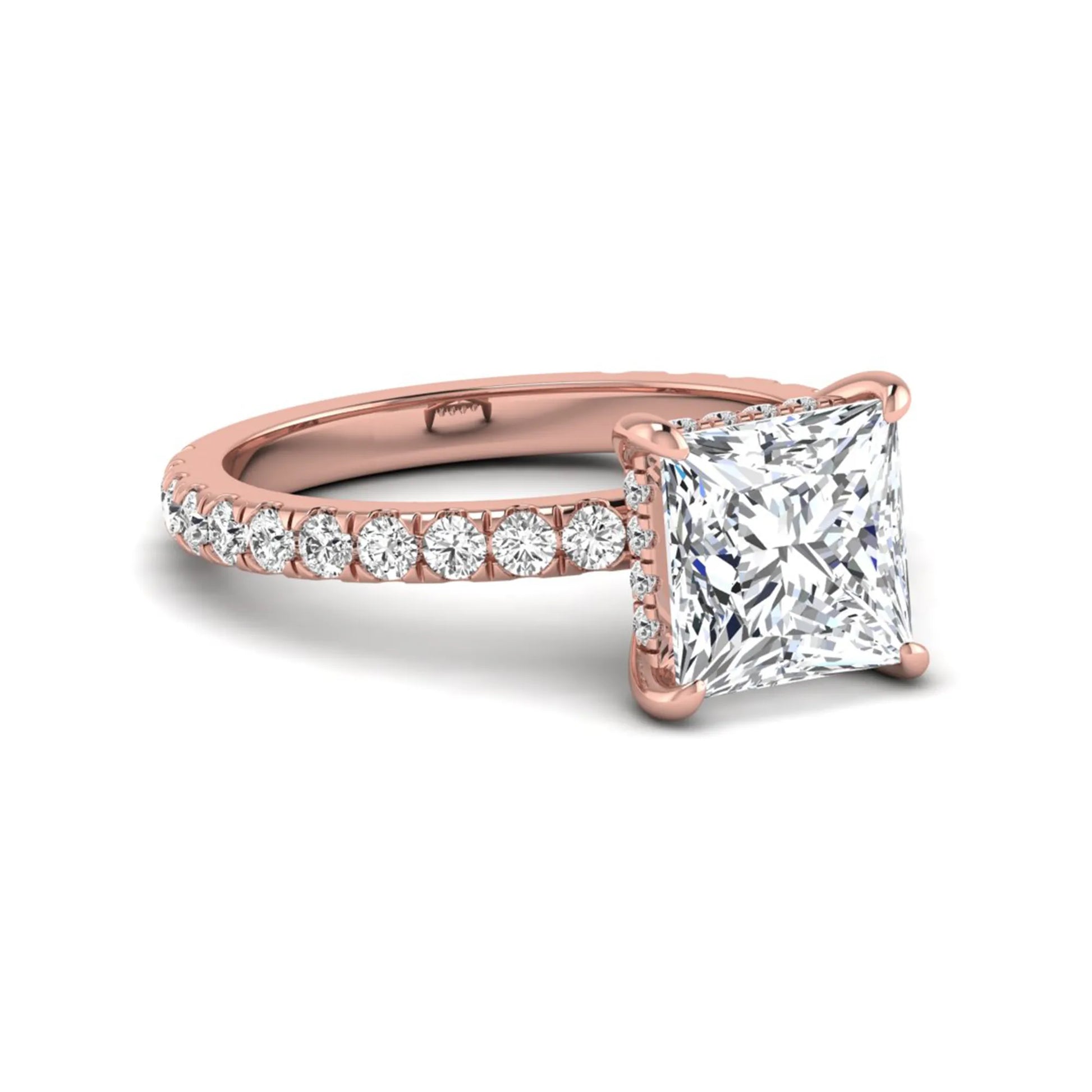 IGI certified princess cut lab grown diamond hidden halo solitaire accent engagement ring with pavé diamond band in rose gold.