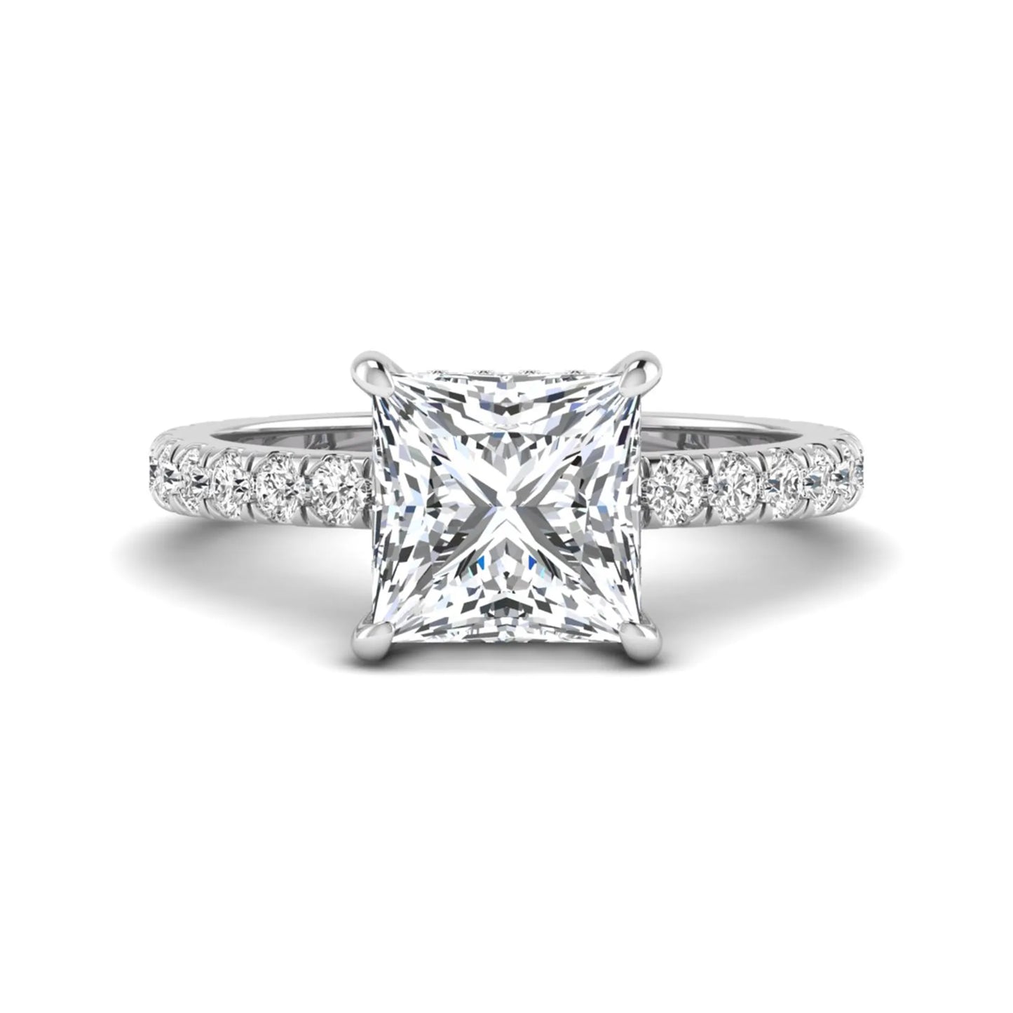 IGI certified princess cut lab grown diamond hidden halo solitaire accent engagement ring with pavé diamond band in white gold.