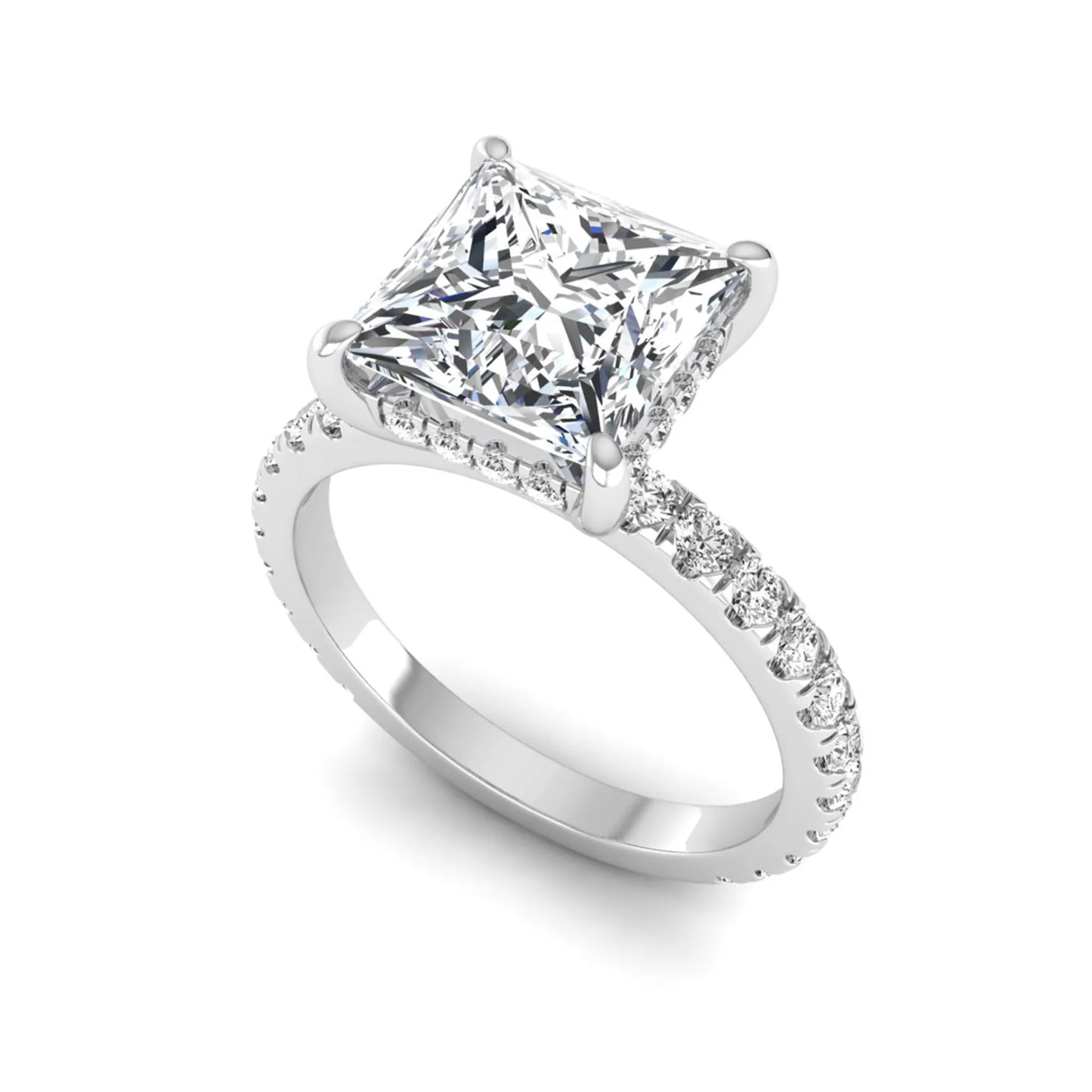 IGI certified princess cut lab grown diamond hidden halo solitaire accent engagement ring with pavé diamond band in white gold.