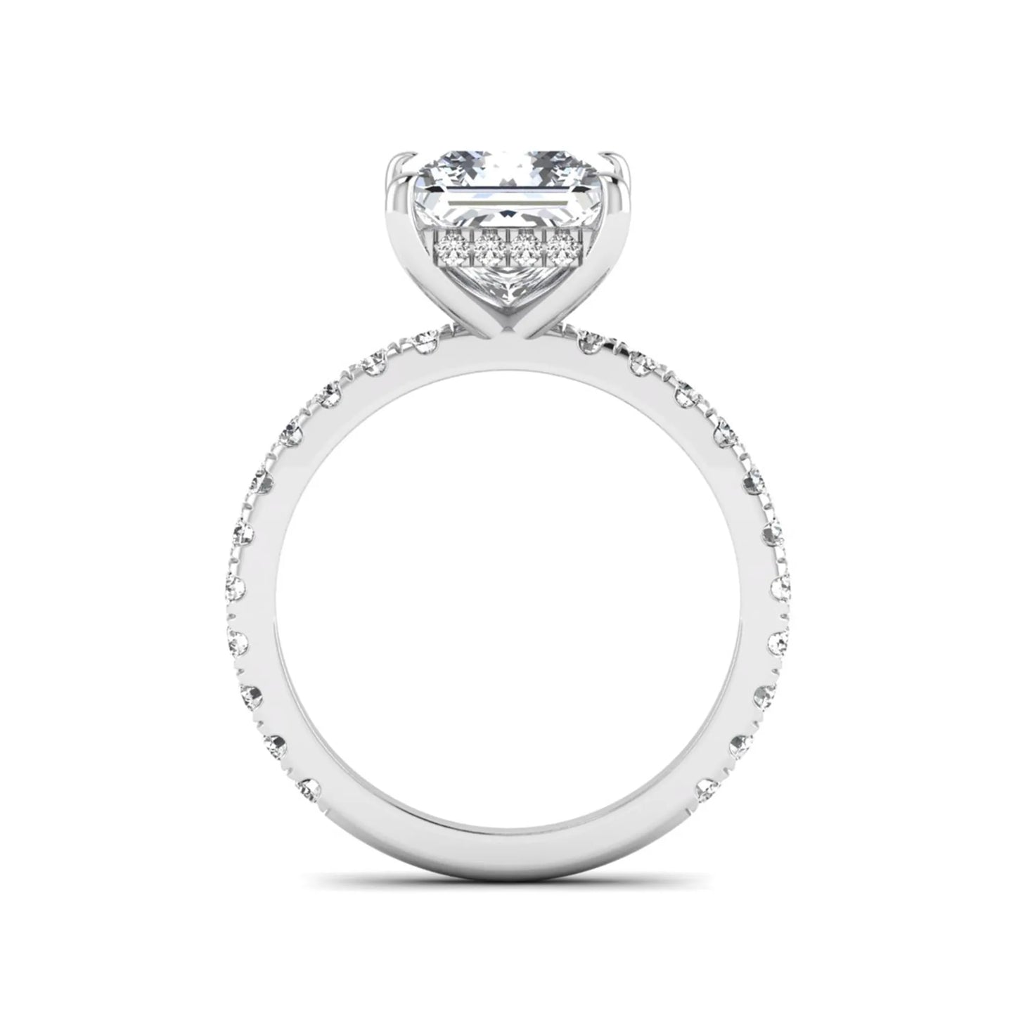 IGI certified princess cut lab grown diamond hidden halo solitaire accent engagement ring with pavé diamond band in white gold.
