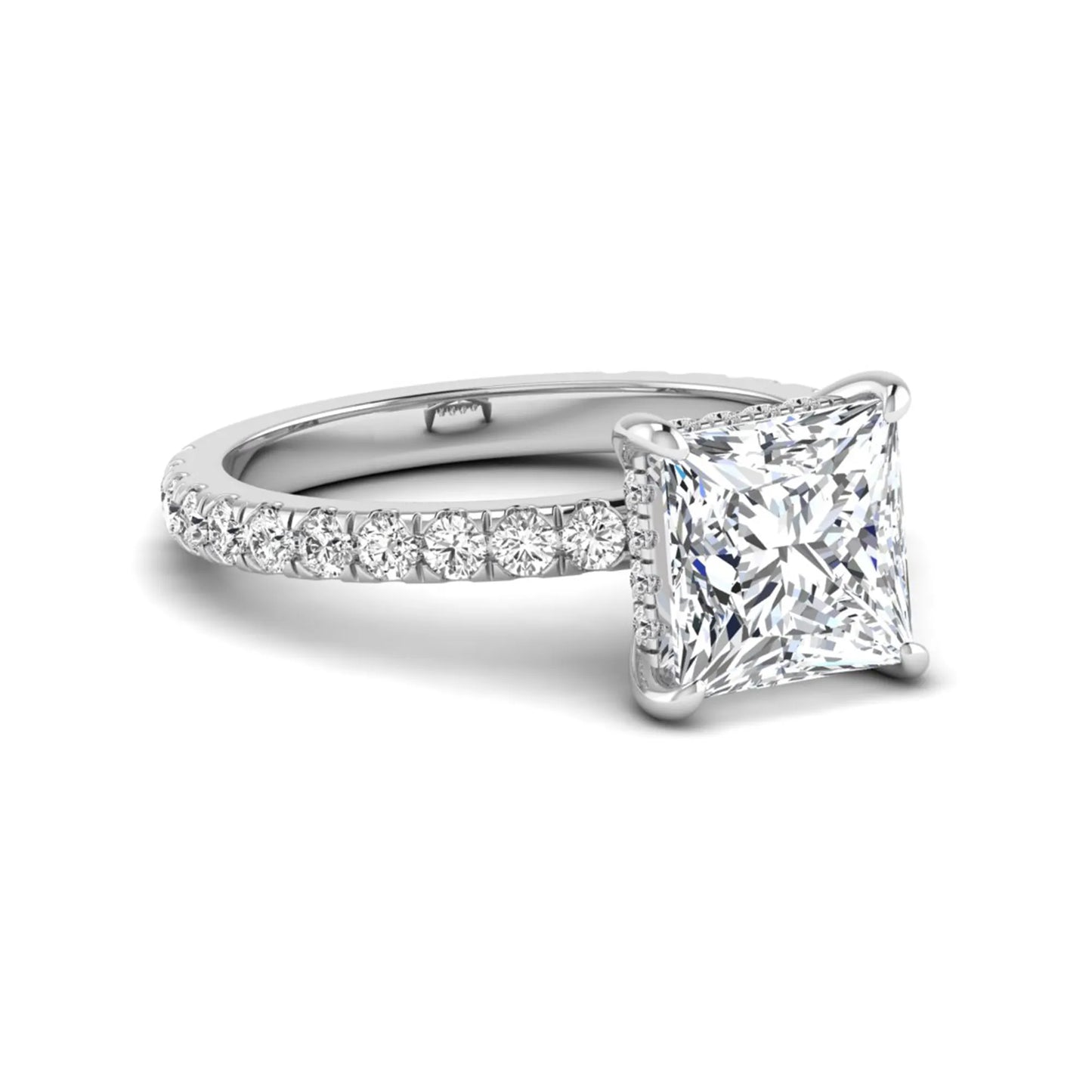 IGI certified princess cut lab grown diamond hidden halo solitaire accent engagement ring with pavé diamond band in white gold.