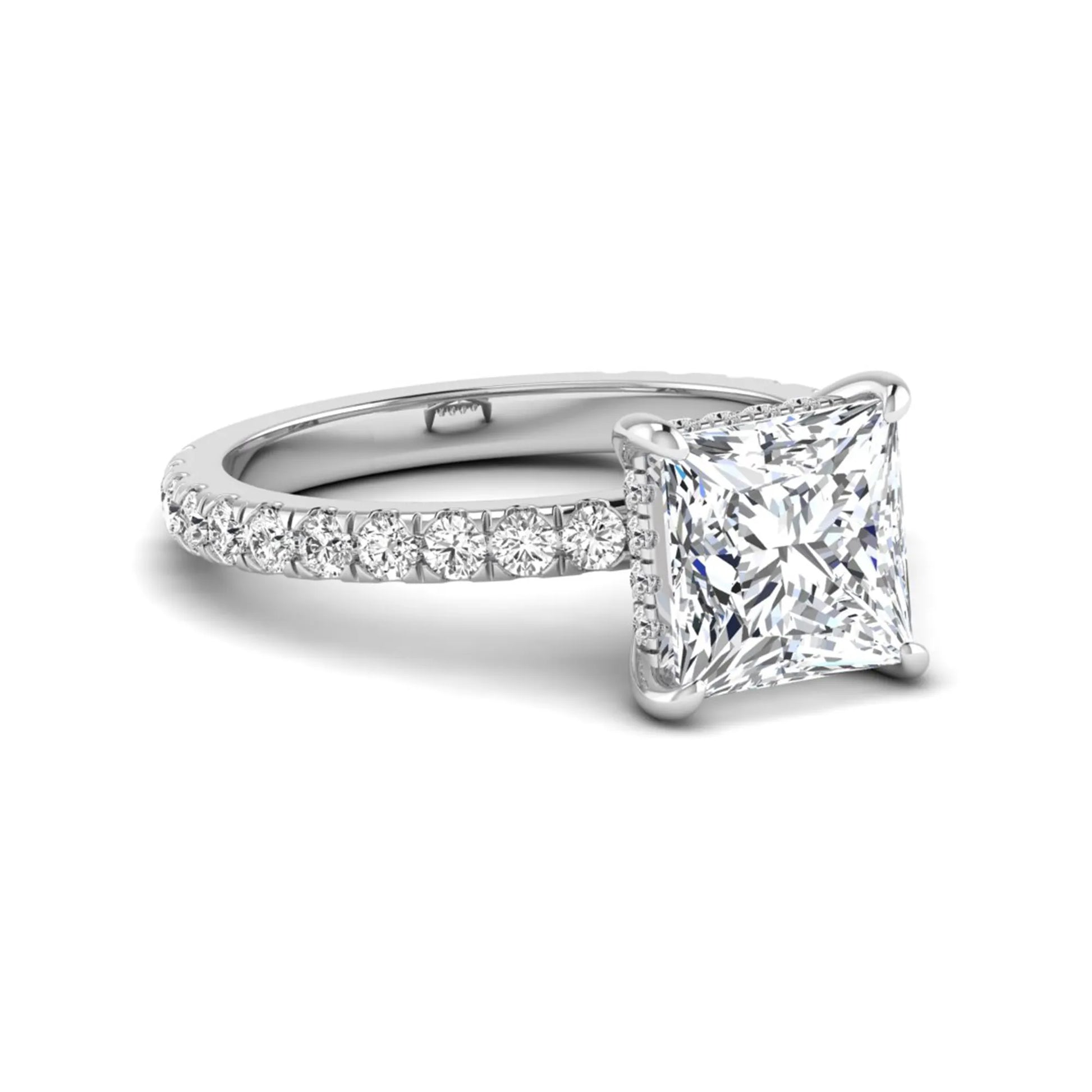 IGI certified princess cut lab grown diamond hidden halo solitaire accent engagement ring with pavé diamond band in white gold.
