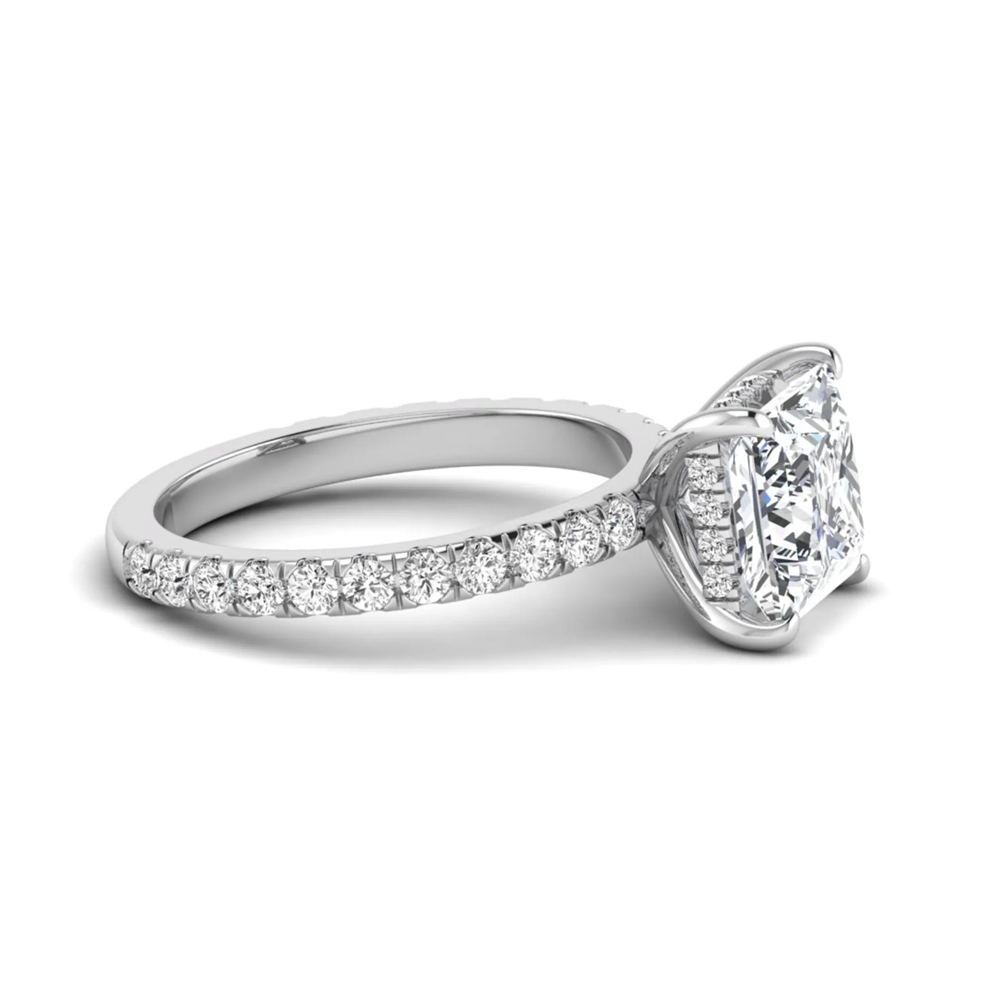 IGI certified princess cut lab grown diamond hidden halo solitaire accent engagement ring with pavé diamond band in white gold.
