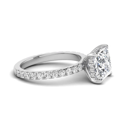 IGI certified princess cut lab grown diamond hidden halo solitaire accent engagement ring with pavé diamond band in white gold.