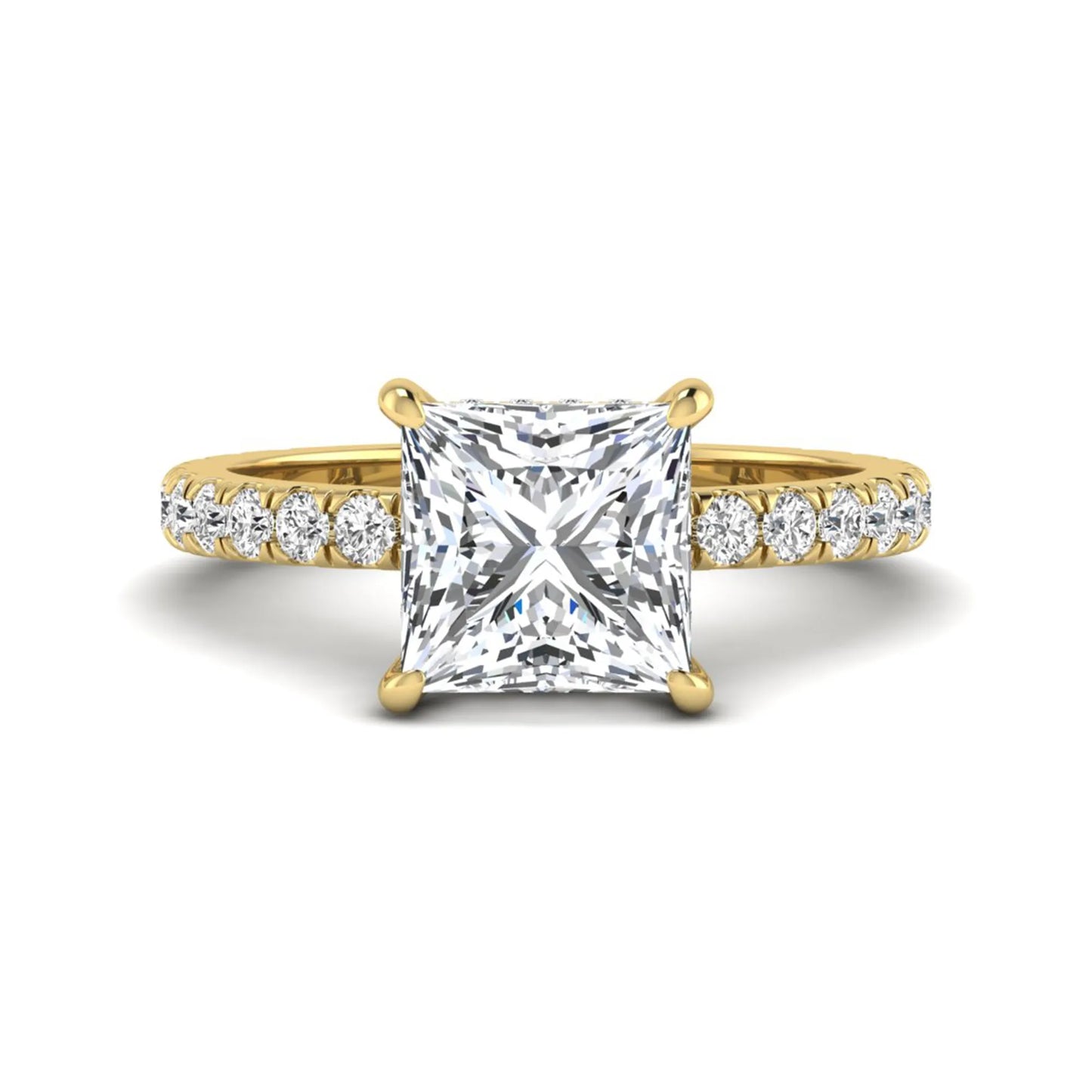 IGI certified princess cut lab grown diamond hidden halo solitaire accent engagement ring with pavé diamond band in yellow gold.