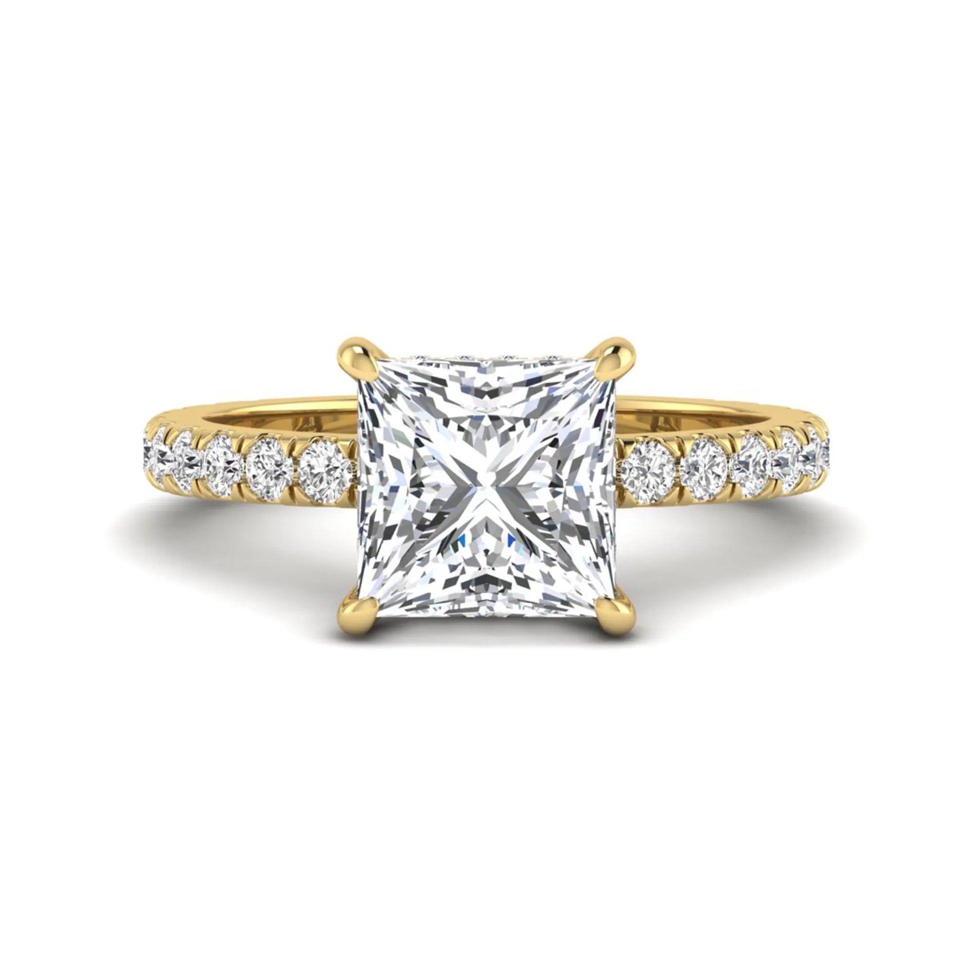IGI certified princess cut lab grown diamond hidden halo solitaire accent engagement ring with pavé diamond band in yellow gold.