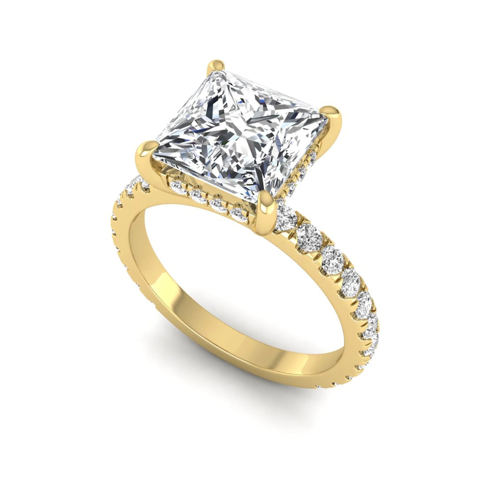 IGI certified princess cut lab grown diamond hidden halo solitaire accent engagement ring with pavé diamond band in yellow gold.