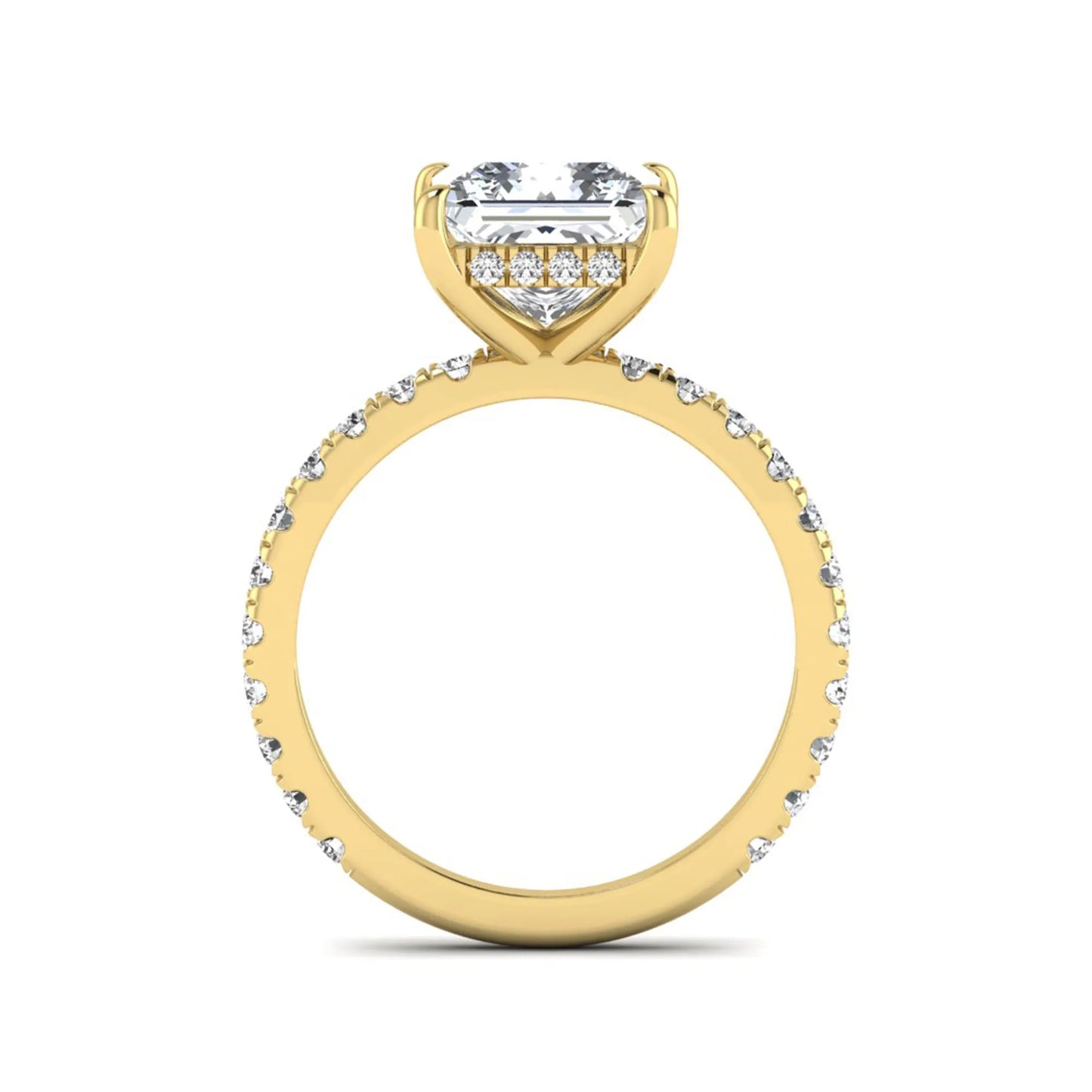 IGI certified princess cut lab grown diamond hidden halo solitaire accent engagement ring with pavé diamond band in yellow gold.
