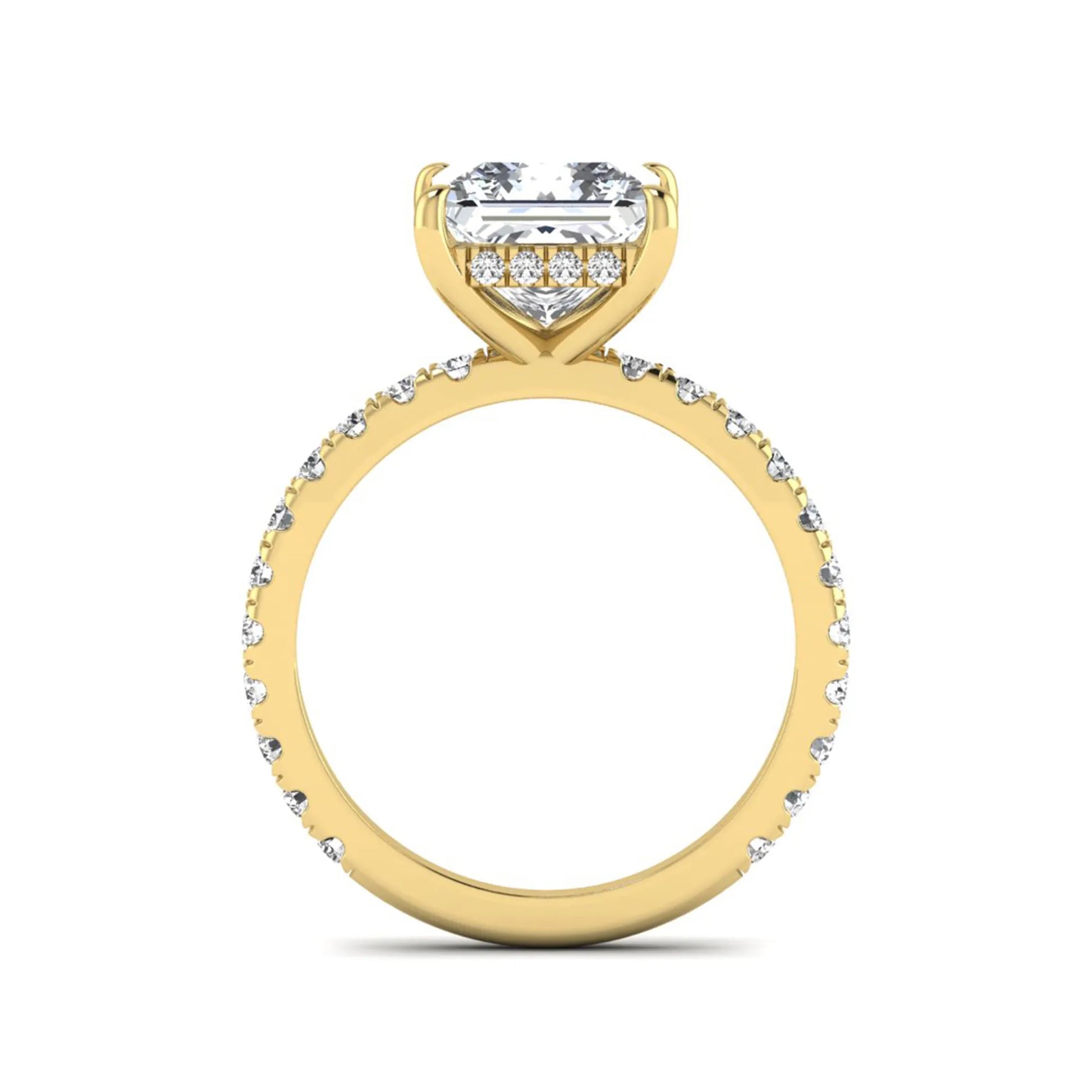 IGI certified princess cut lab grown diamond hidden halo solitaire accent engagement ring with pavé diamond band in yellow gold.