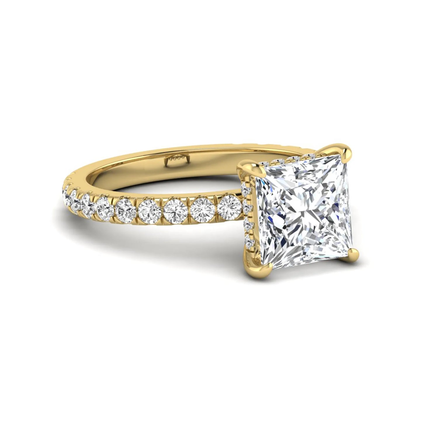 IGI certified princess cut lab grown diamond hidden halo solitaire accent engagement ring with pavé diamond band in yellow gold.