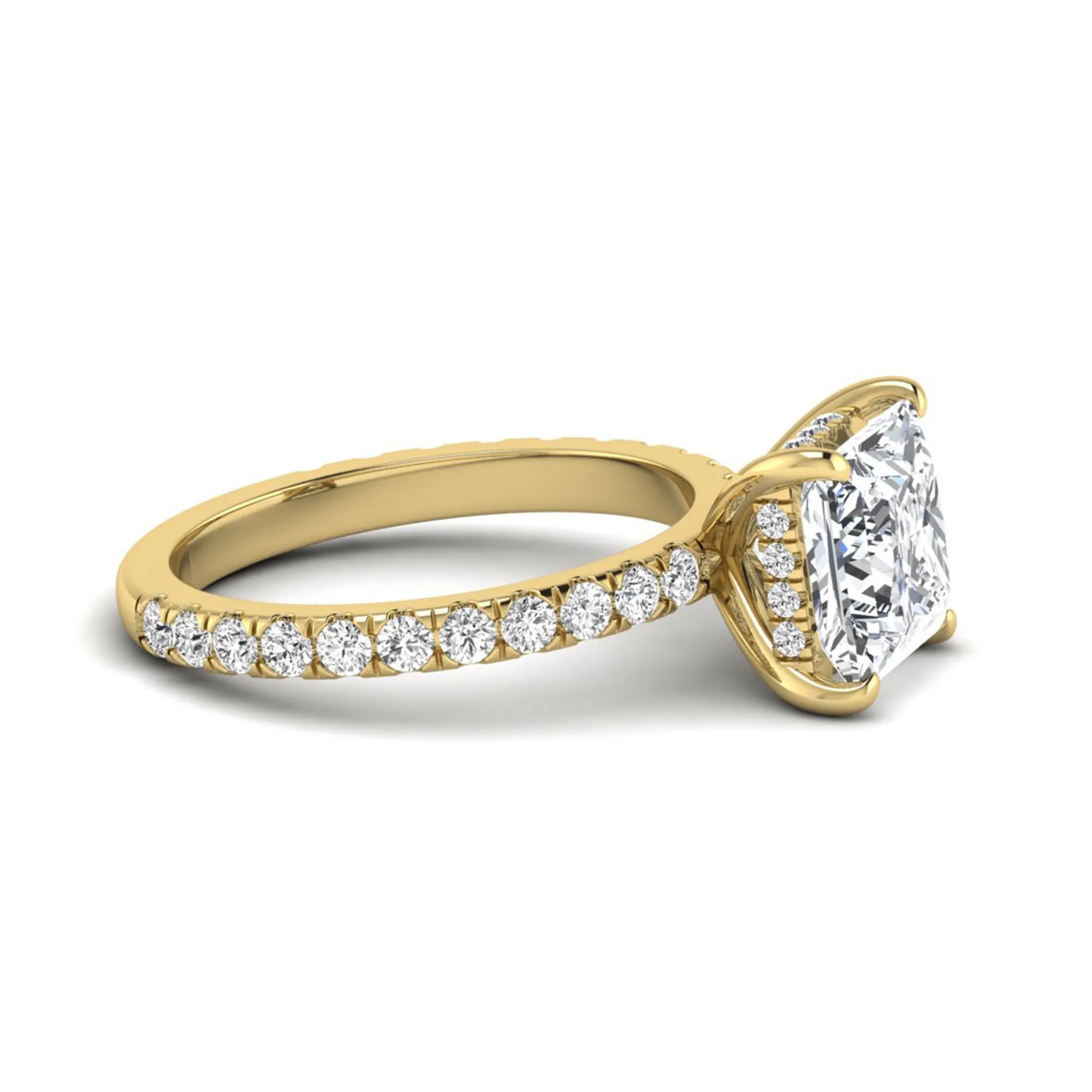 IGI certified princess cut lab grown diamond hidden halo solitaire accent engagement ring with pavé diamond band in yellow gold.
