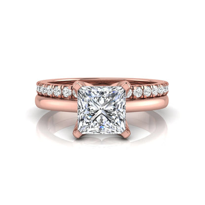 Princess cut lab grown diamond bridal ring set with matching pavé diamond wedding band in rose gold.