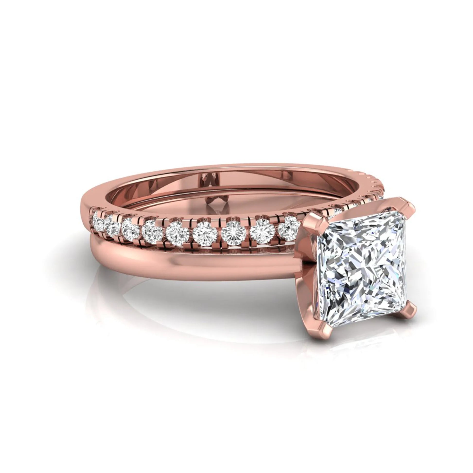Princess cut lab grown diamond bridal ring set with matching pavé diamond wedding band in rose gold.