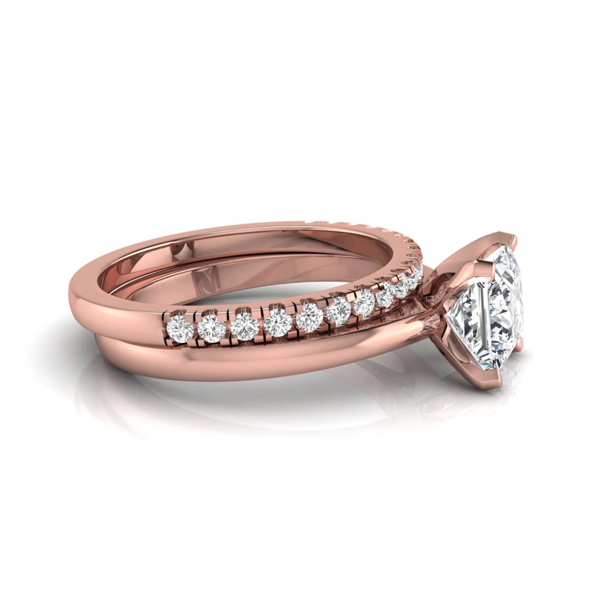 Princess cut lab grown diamond bridal ring set with matching pavé diamond wedding band in rose gold.