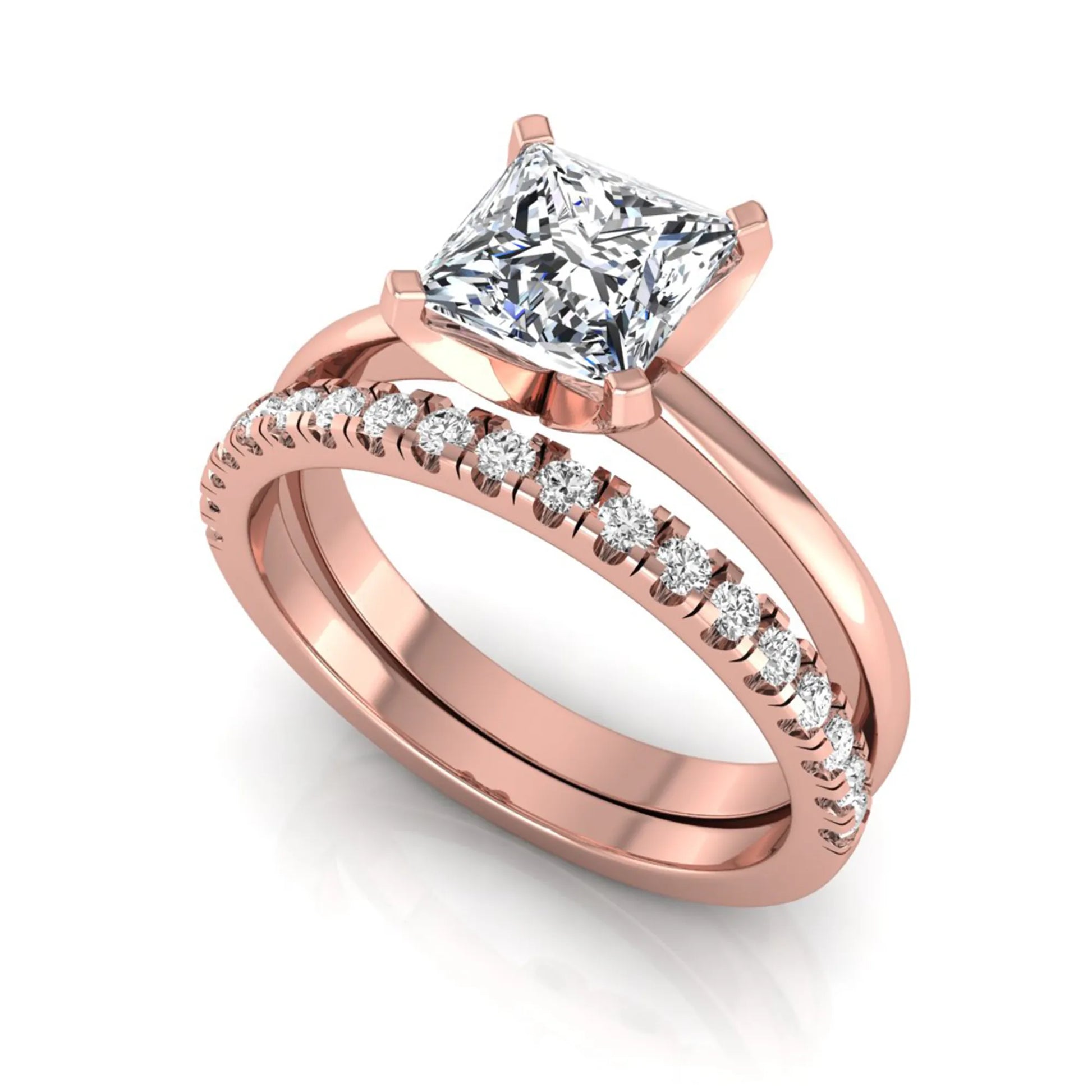 Princess cut lab grown diamond bridal ring set with matching pavé diamond wedding band in rose gold.
