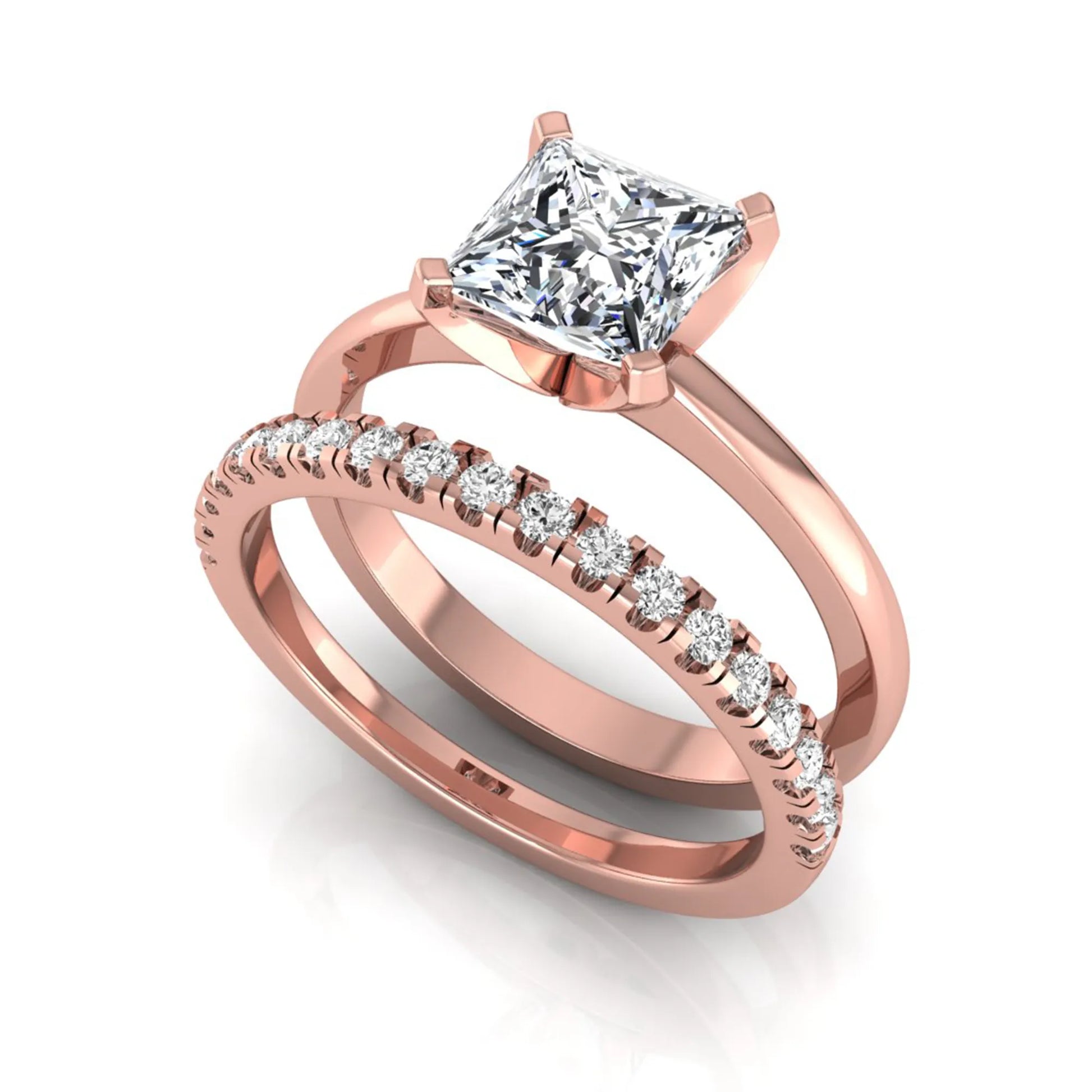 Princess cut lab grown diamond bridal ring set with matching pavé diamond wedding band in rose gold.