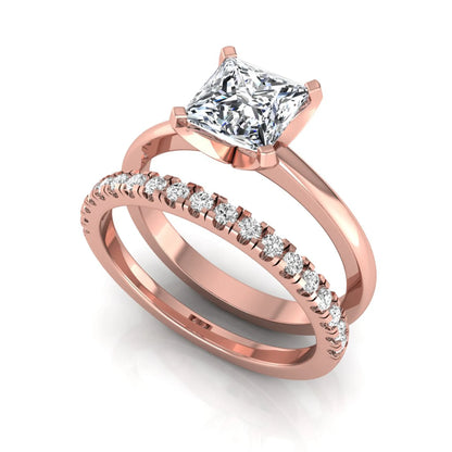 Princess cut lab grown diamond bridal ring set with matching pavé diamond wedding band in rose gold.