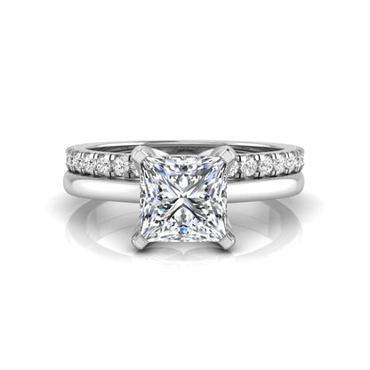 Princess cut lab grown diamond bridal ring set with matching pavé diamond wedding band in white gold.