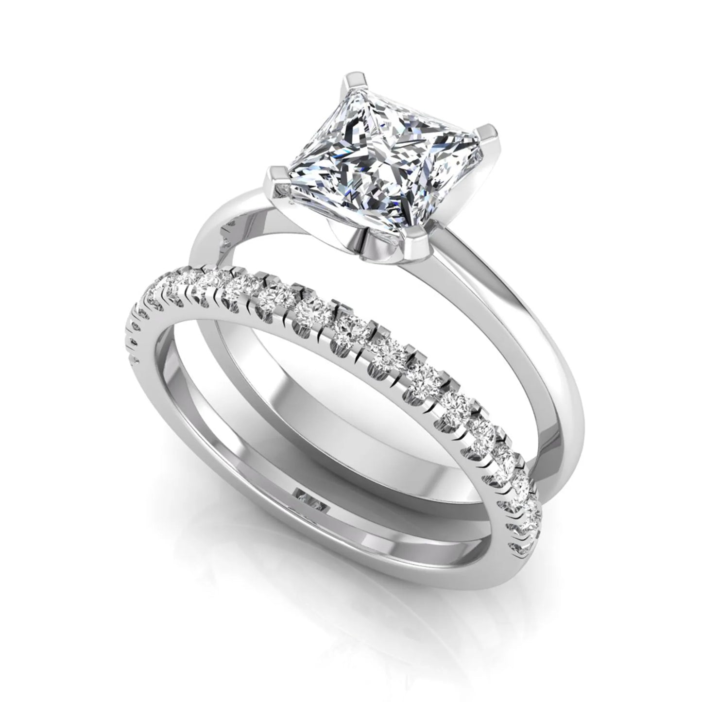 Princess cut lab grown diamond bridal ring set with matching pavé diamond wedding band in white gold.