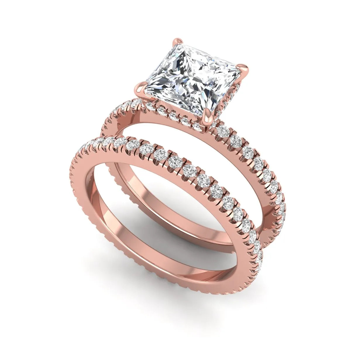 Princess cut lab grown diamond bridal ring set featuring a 1.96 carat IGI certified center diamond, hidden halo engagement ring, and matching round diamond eternity wedding band in rose gold.