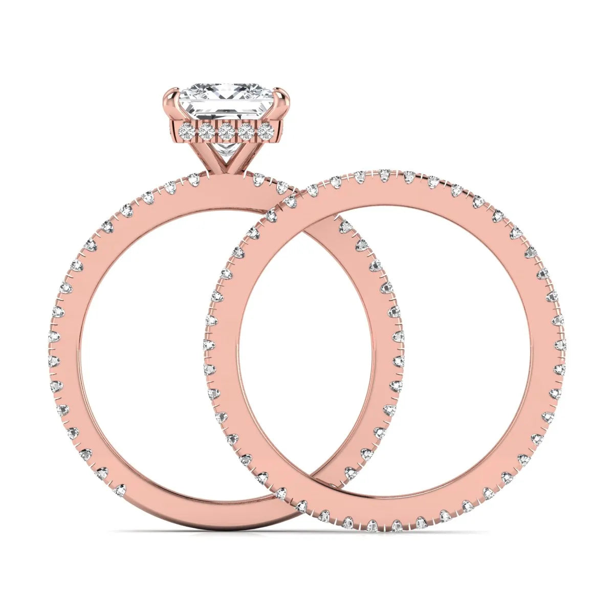 Princess cut lab grown diamond bridal ring set featuring a 1.96 carat IGI certified center diamond, hidden halo engagement ring, and matching round diamond eternity wedding band in rose gold.