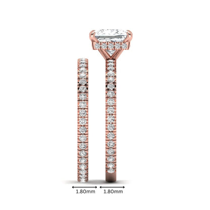 Princess cut lab grown diamond bridal ring set featuring a 1.96 carat IGI certified center diamond, hidden halo engagement ring, and matching round diamond eternity wedding band in rose gold.