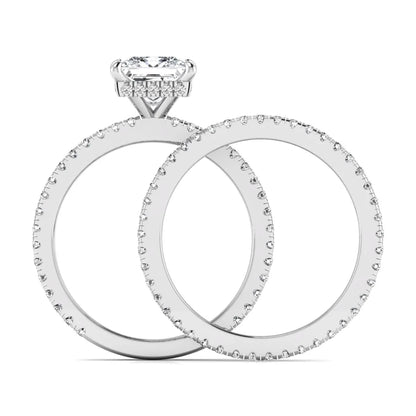 Princess cut lab grown diamond bridal ring set featuring a 1.96 carat IGI certified center diamond, hidden halo engagement ring, and matching round diamond eternity wedding band in white gold.